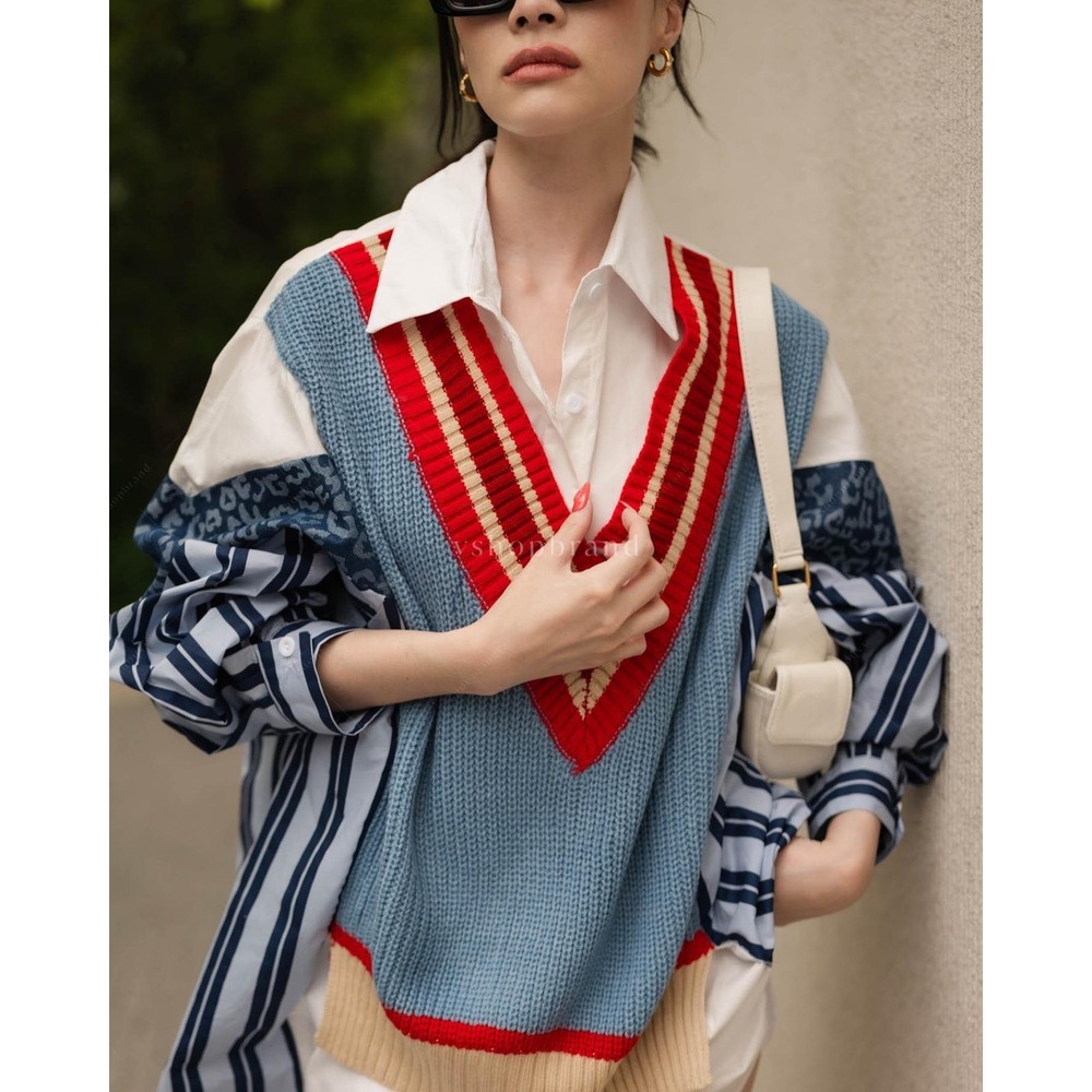 ILLord Mixed Media Layered Sweater Vest Button Down Shirt Blue Striped IL3057 G3